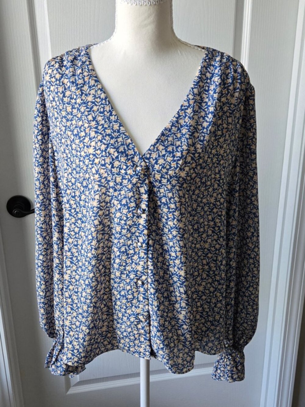Acoa Microfloral Ruffle V-neck Blouse - XL